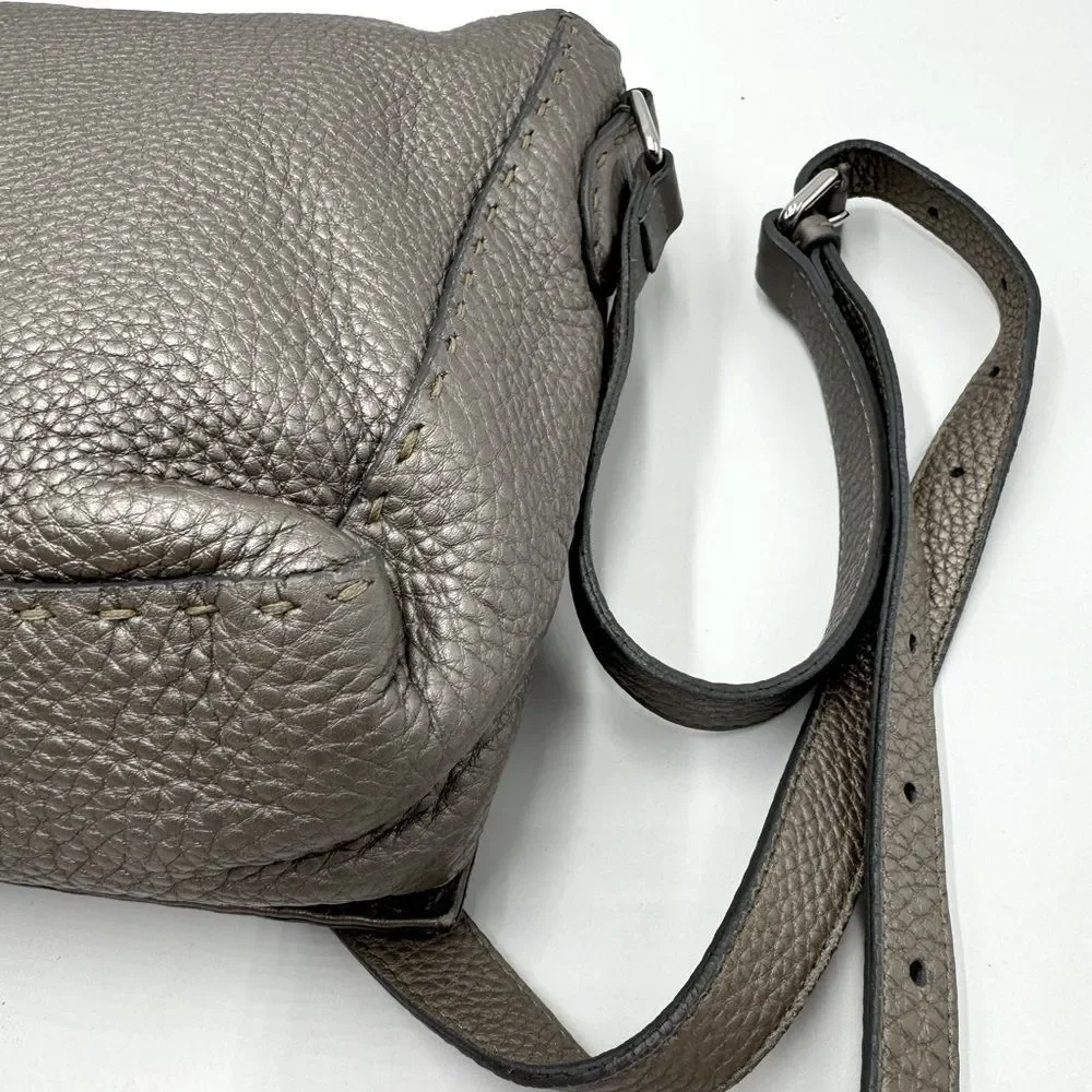 Auth Fendi Metallic Grey Beige Selleria Leather Anna Crossbody Messenger Bag - Picture 10 of 15
